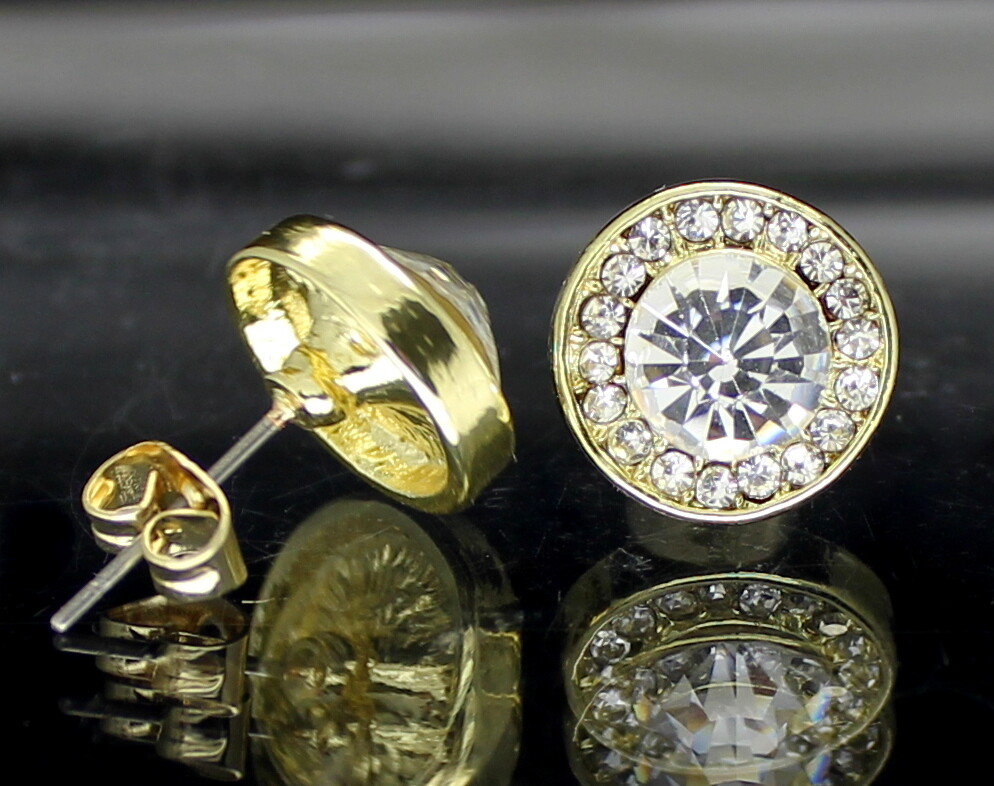 Men Women Halo Round CZ Earrings 14k Gold Plated Hip Hop Jewelry Push Back