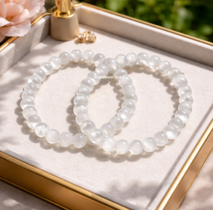 2PCS Genuine Selenite Bracelet 8mm Round Beads Crystal Healing Spiritual Jewelry