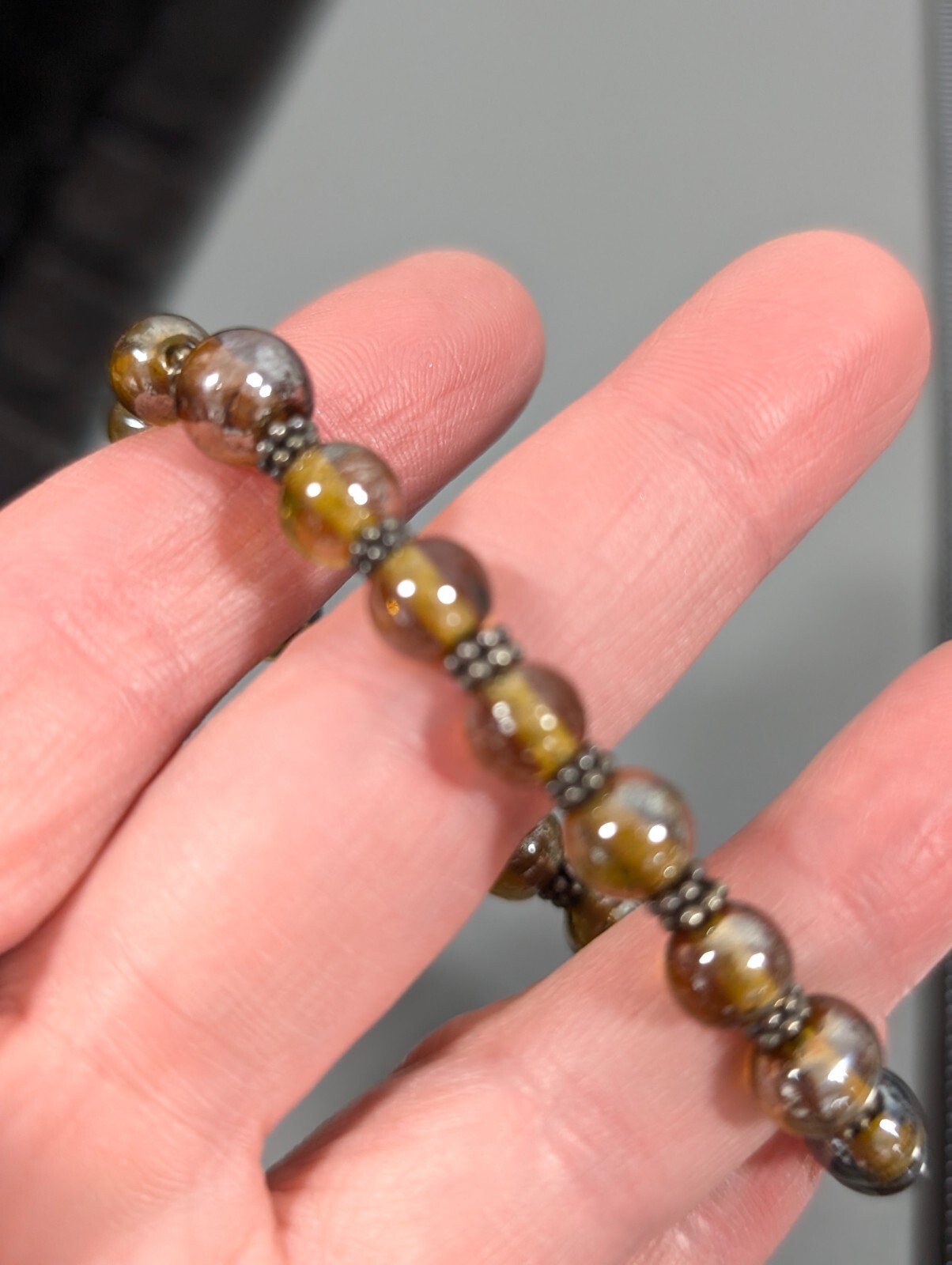 Boho Western Brown Iridescent Glass Round Bead Bracelet Sterling Clasp 6.5 in