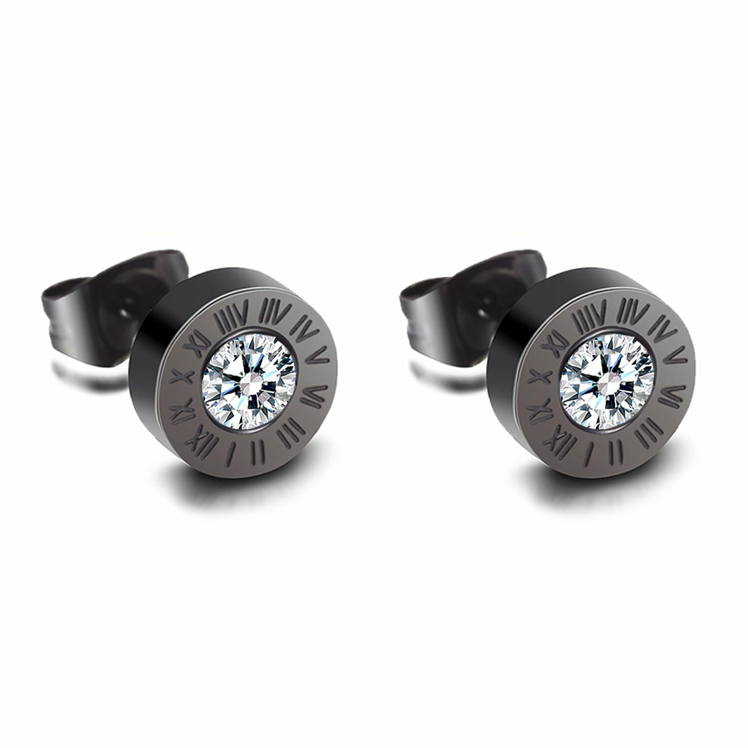 Men Women Stainless Steel Cubic Zirconia Round Roman Numerals Stud Earrings