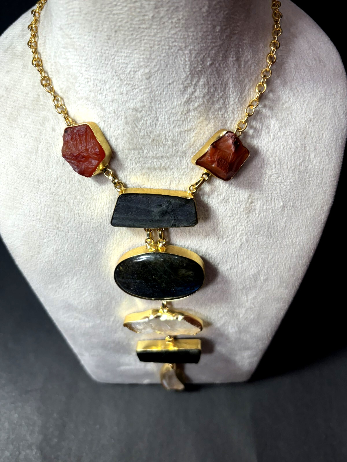 Multi Necklace carnelian Rough Labourdite Rough Necklace Long Jewelry.