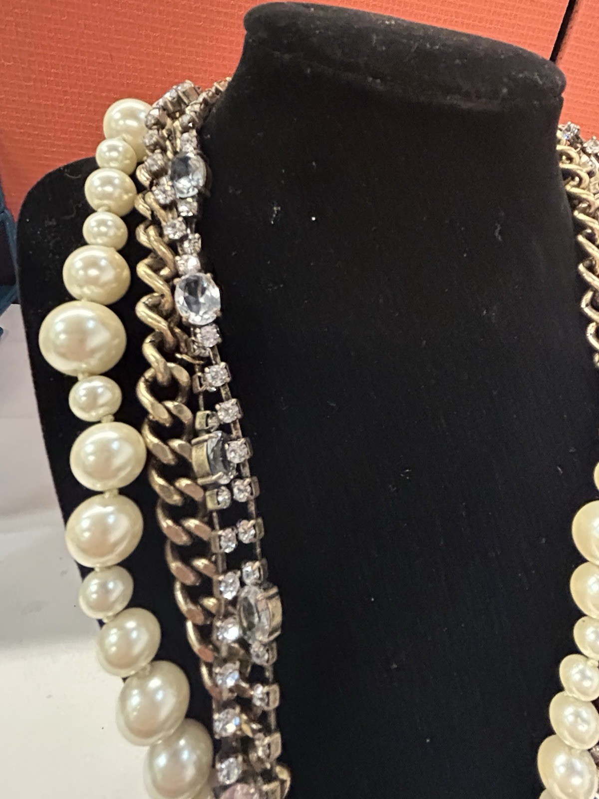 J.CREW Signed multi strand faux pearl crystal statement gold tone necklace