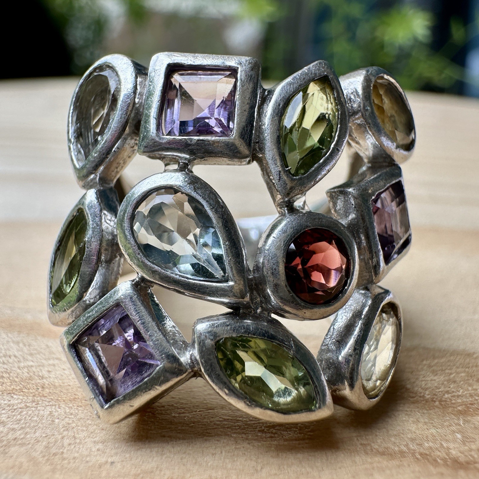 VTG ADI Statement Ring Size 6 Peridot Amethyst Garnet Gems 925 Sterling 9.1g