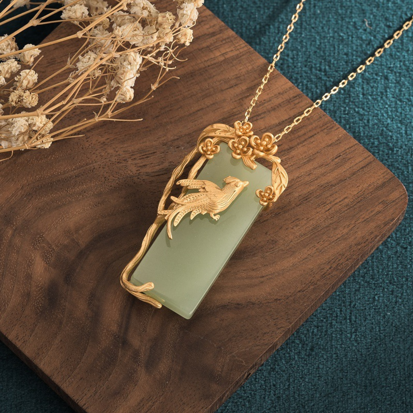 Jade Pendant Necklace Charm 18K Gold Plated Chain Phoenix Bird Dainty Gemstone