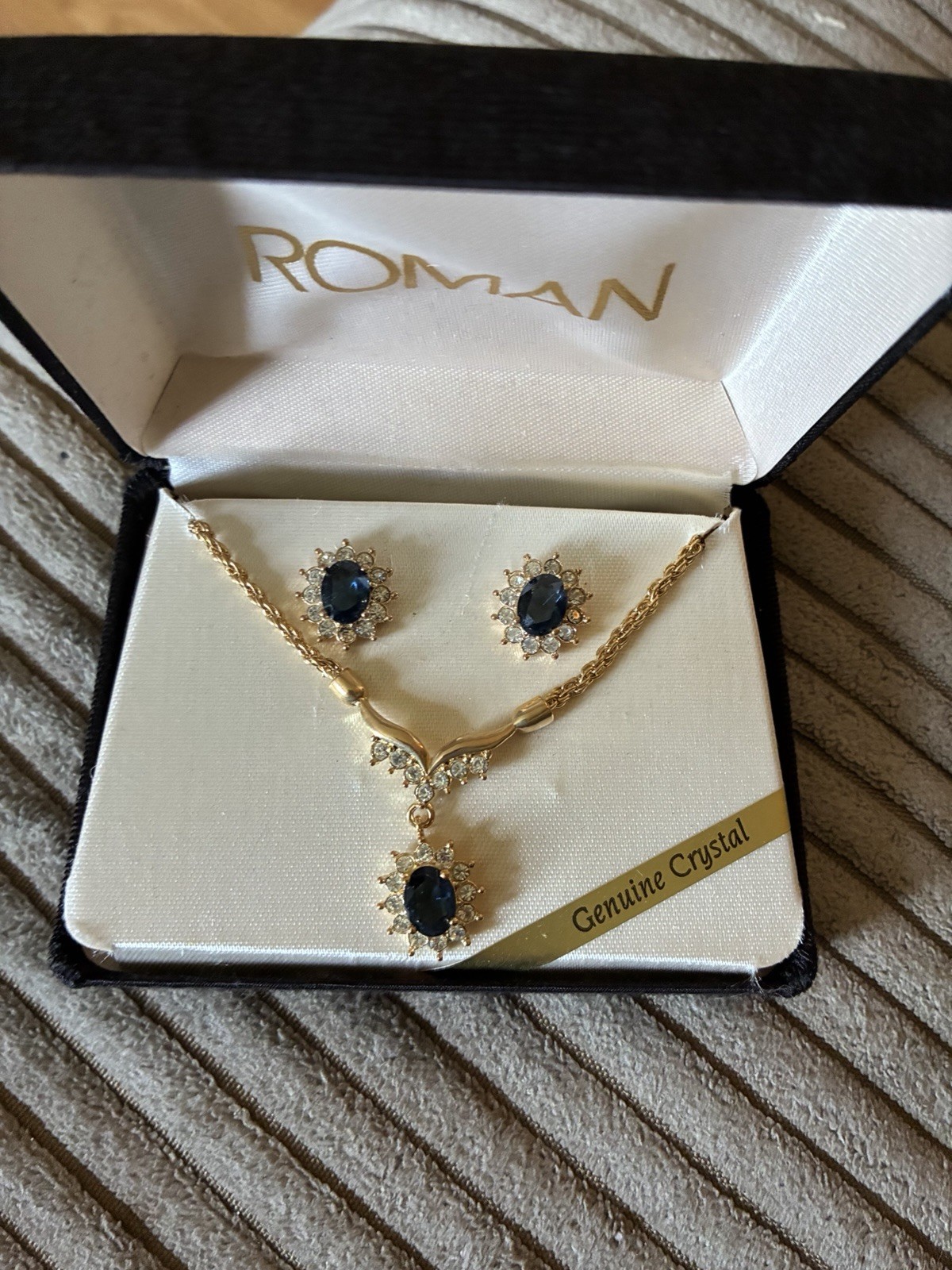 Roman Gold Tone Blue Oval Crystal Necklace & Earrings Jewelry Set