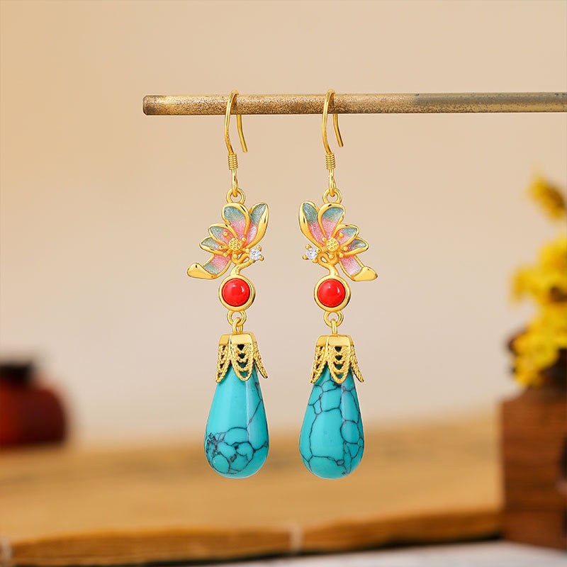 New Chinese Style Butterfly Tassel Earrings Guochao Faux Turquoise Accessory