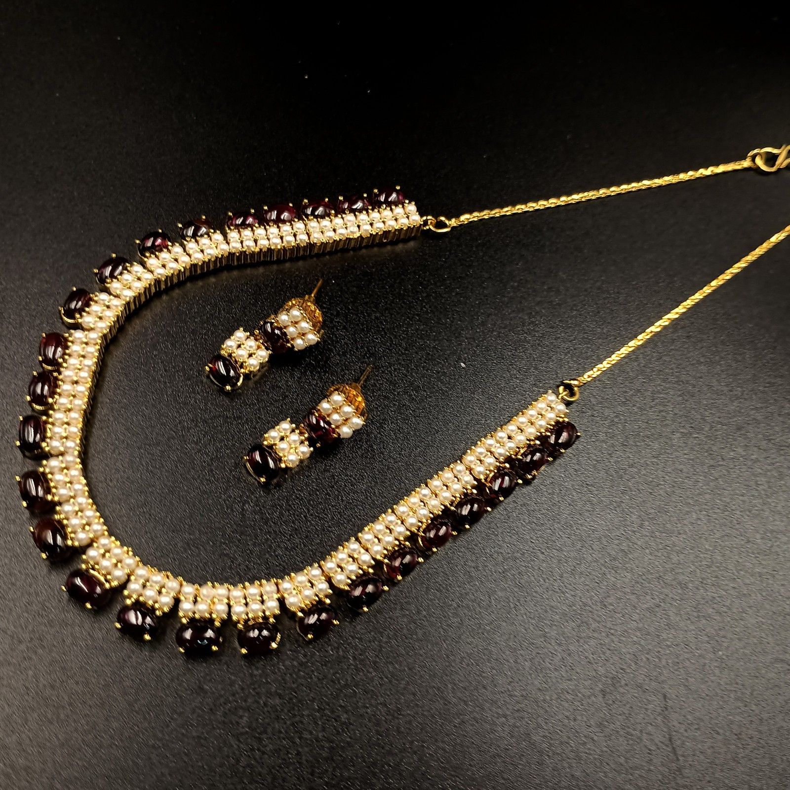 Garnet and Pearl Necklace Set 22k Gold Plated Traditional Ethnic Jewelry