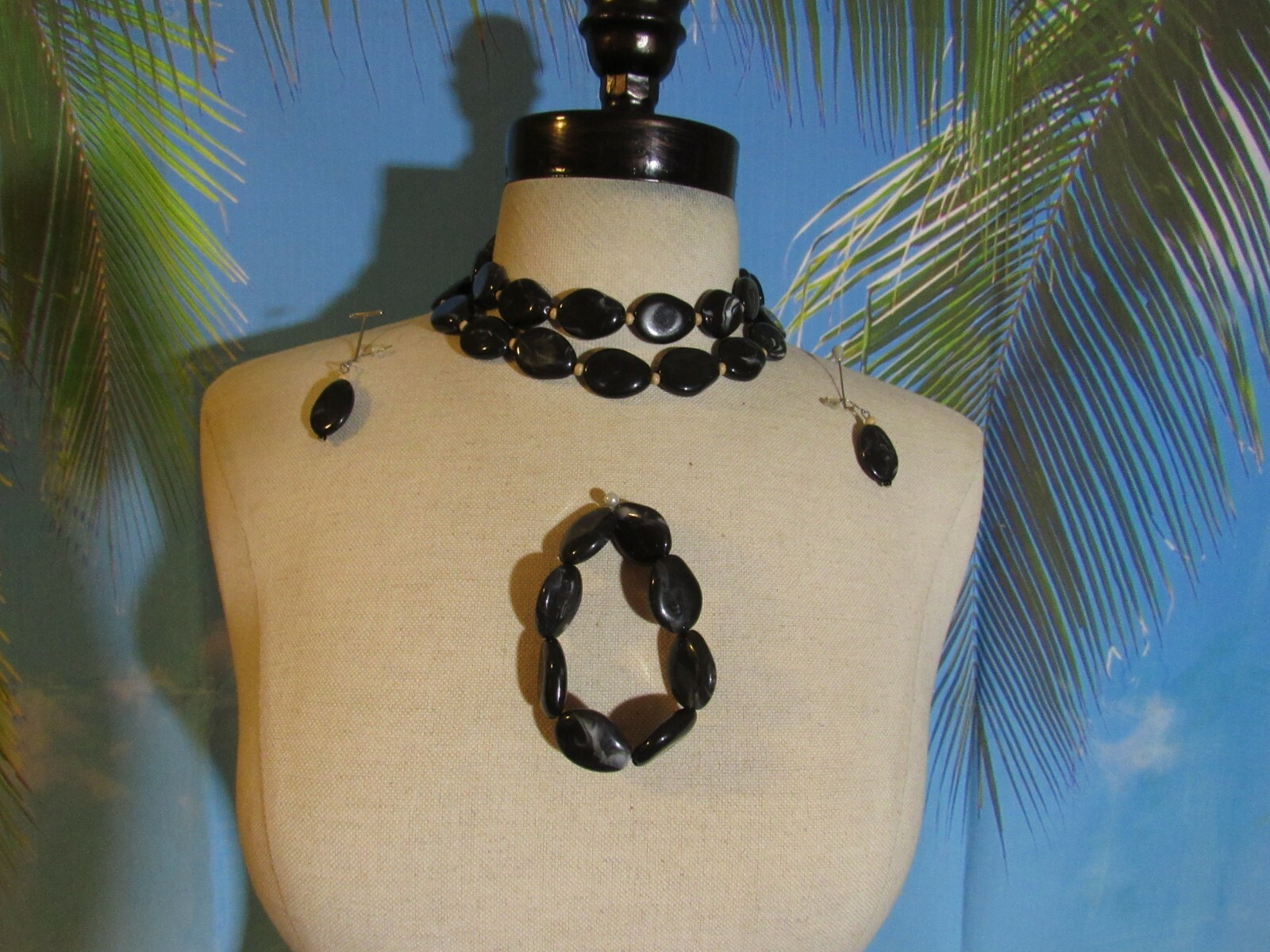 Double Stranded Necklace 14″, Silver Hook Earrings, & Stretch Bracelet Set