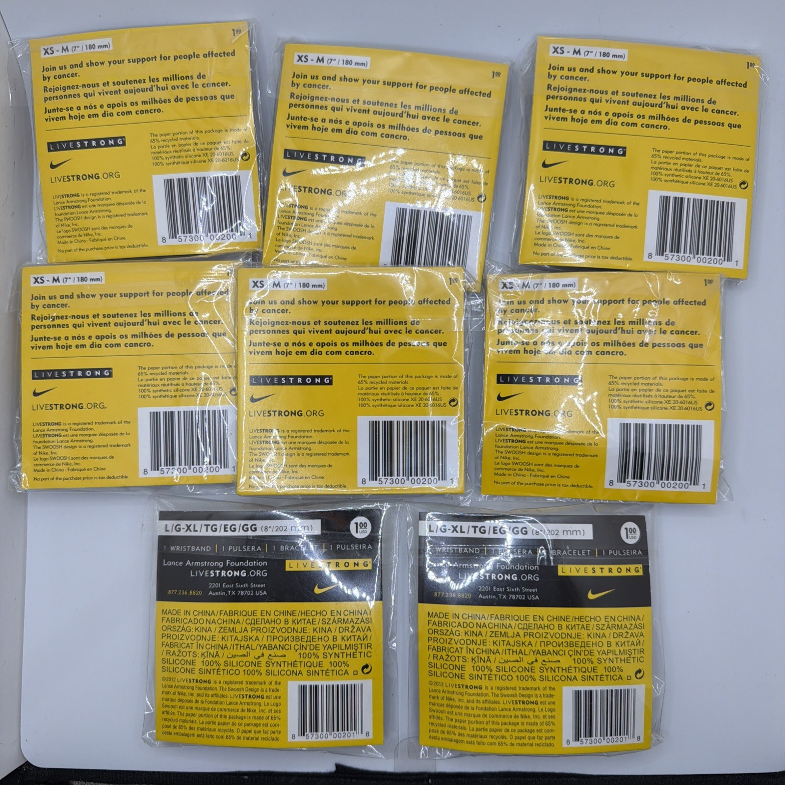 LIVESTRONG Wrist Bracelets – Lot Of 8 – Nike Lance Armstrong – 2 Large & 6 XS