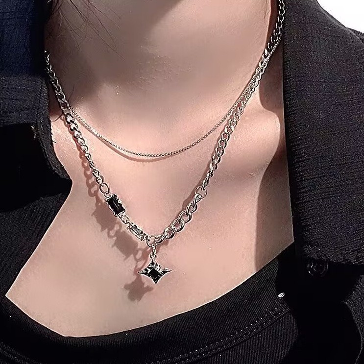 Silver Dual Geometric Zircon Necklace Snake Chain Cuban Pendant man Choker