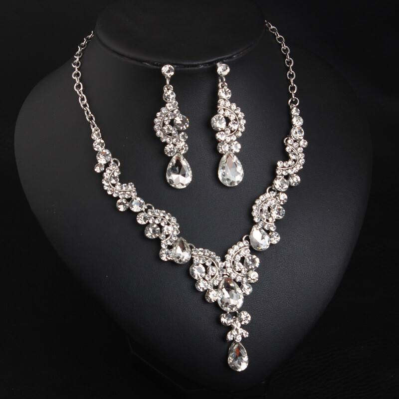 Wedding Bridal Crystal Necklace Earring Jewelry Set Women Evening Party Gifts