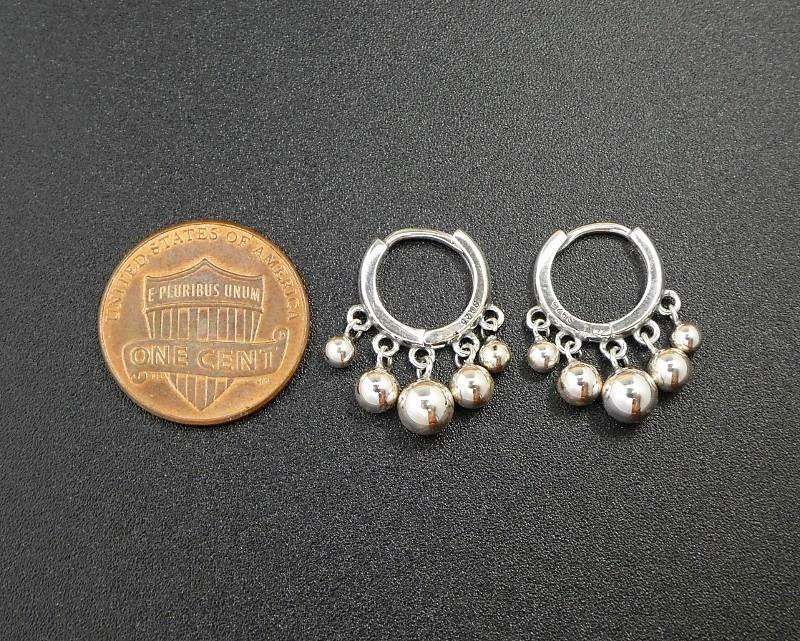 Shiny 925 Sterling Silver Small Hoop Pierced Earrings with Dangling Small Beads