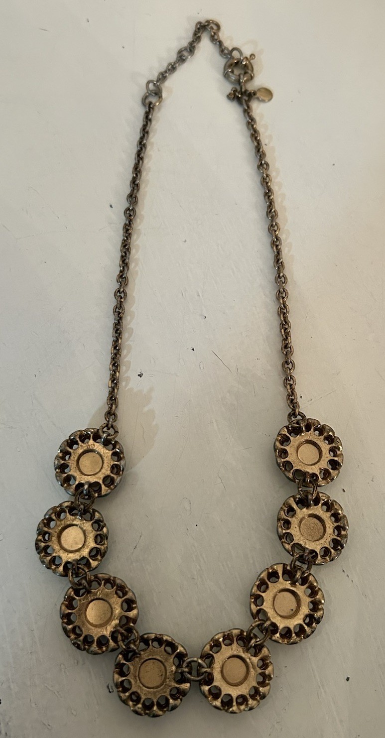 J Crew Scalloped Cupcake Necklace Green Stones & Enamel Gold Toned Metal