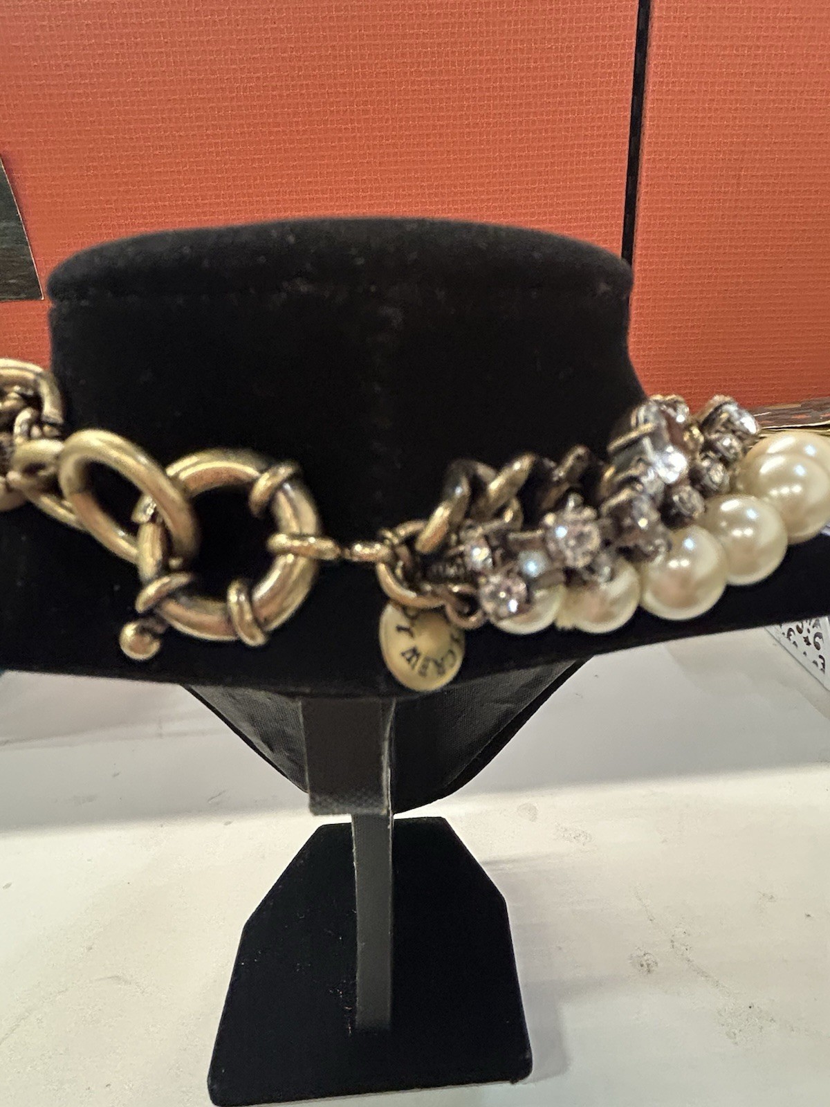 J.CREW Signed multi strand faux pearl crystal statement gold tone necklace