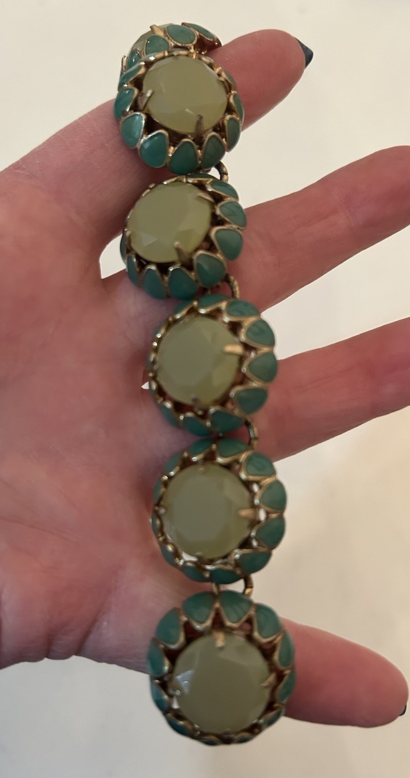 J Crew Scalloped Cupcake Necklace Green Stones & Enamel Gold Toned Metal