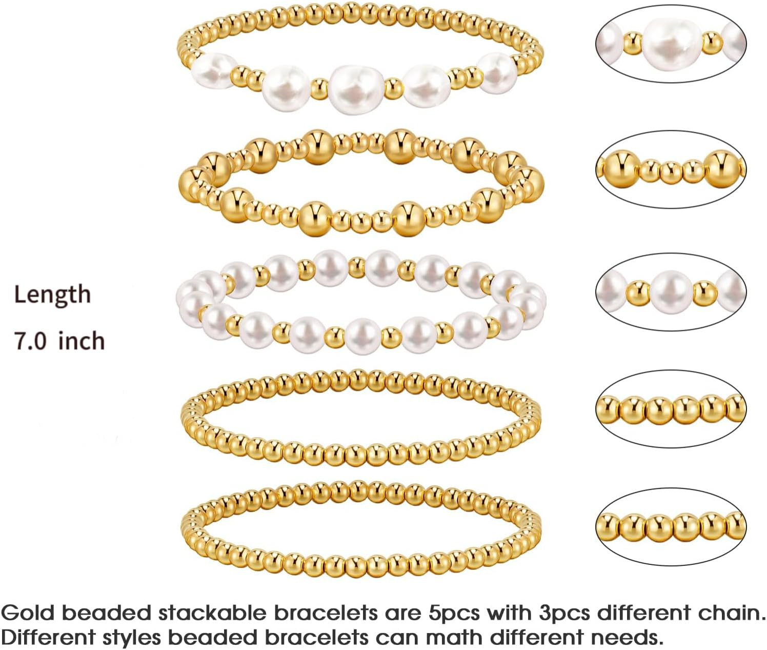 5 Pcs Gold Silver Beaded Bracelet Set Pearl Stretch Stackable Women