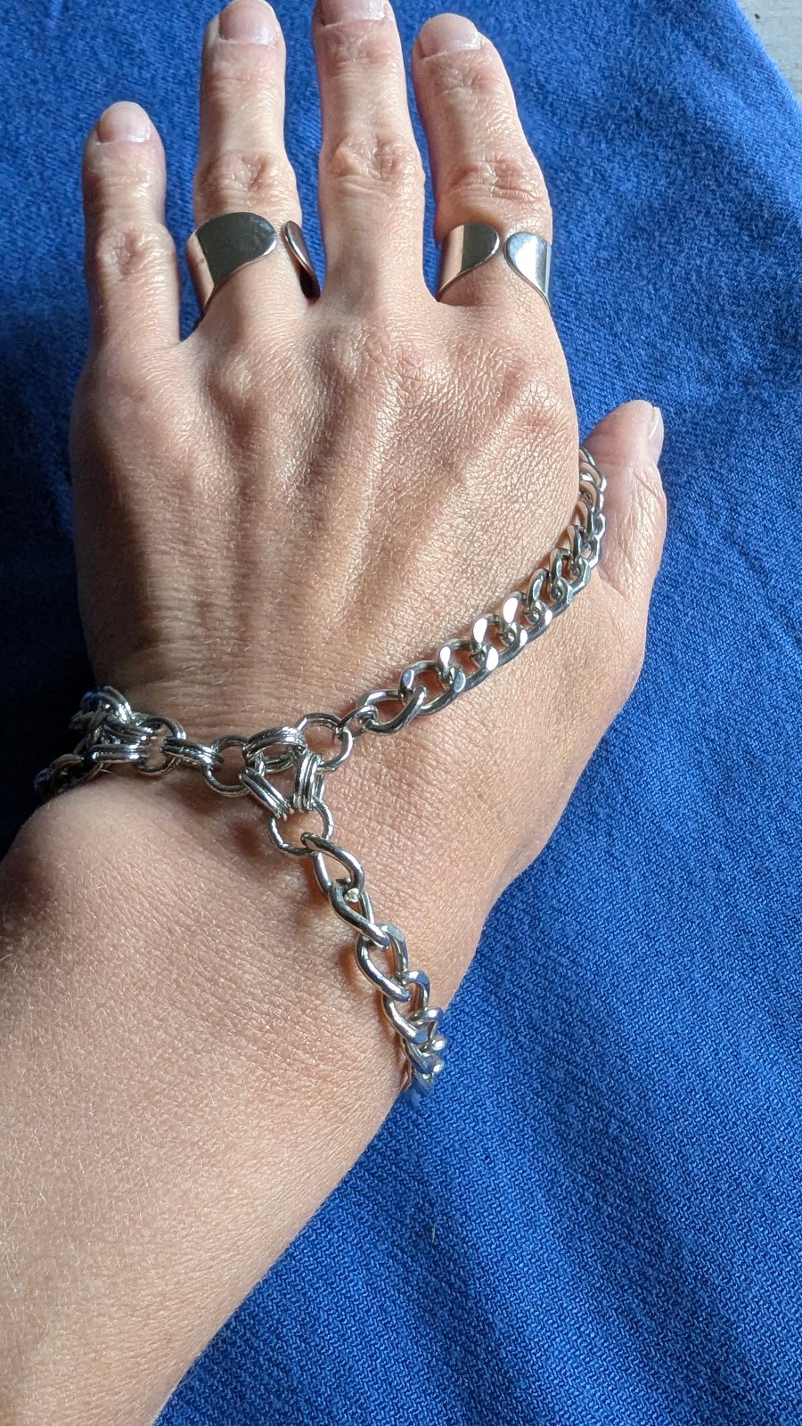 Silver Tone Hand Chain Bracelet Double Ring Slave Bracelet Adjustable Gothic