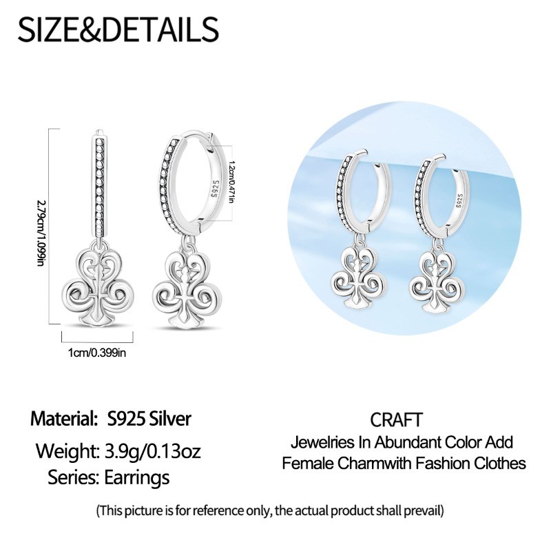 PANDACH 925 Sterling Silver Poker Drop Earrings, Retro Silver Earrings For Women