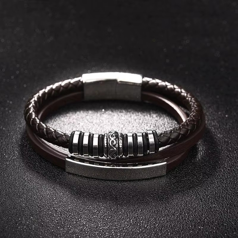 18cm 20cm 22cm Trendy Leather Stainless Steel Multilayer Braided Gift Men’s Wear
