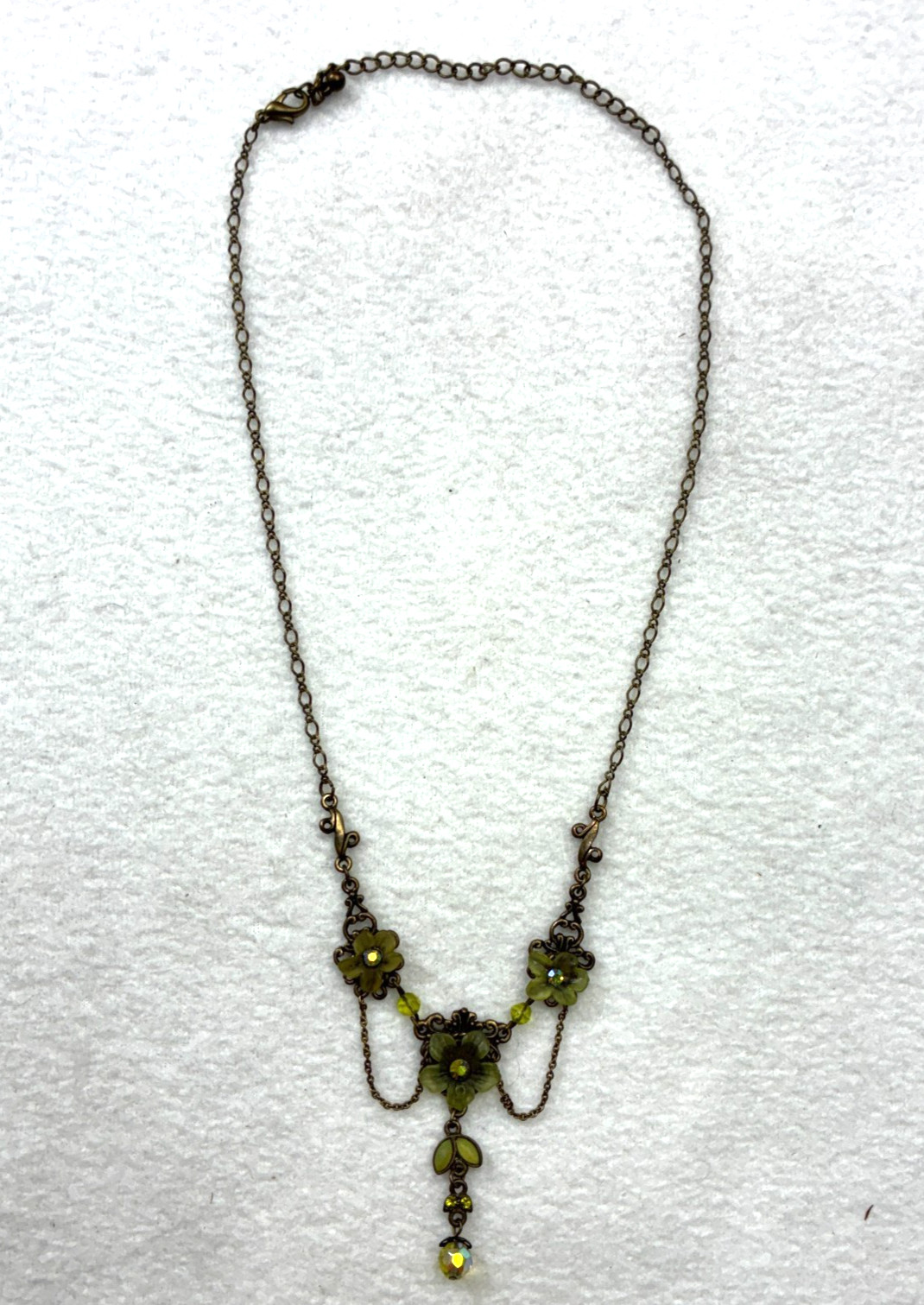 VTG Michal Negrin Green Enamel Floral Rhinestones Necklace Bib Shabby Chic Boho