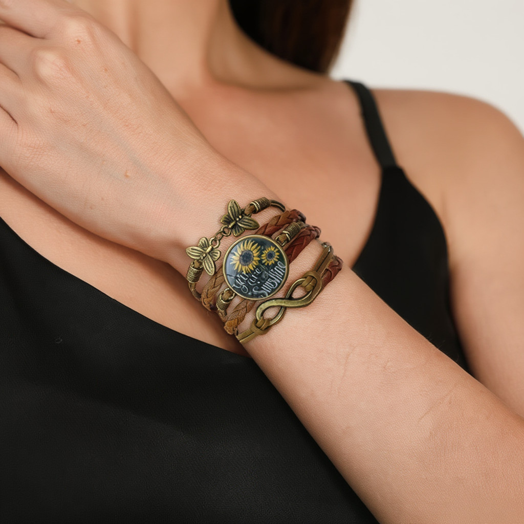 Sunflower Boho Bracelet & Bee Earrings Set Women Gold Tone Vintage Gift Bundle