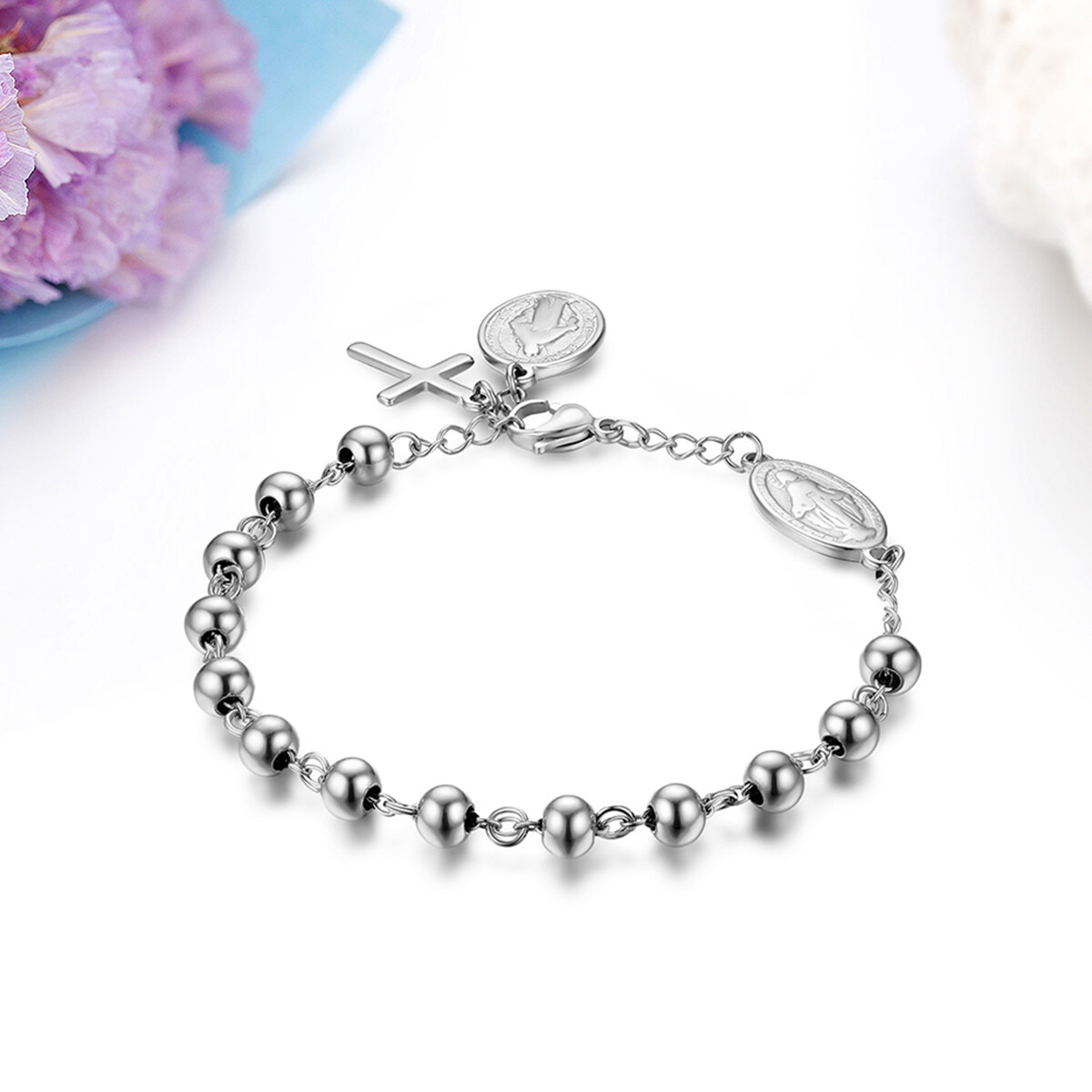 Women Men Unisex Stainless Steel Virgin Mary Cross Pendant Beaded Chain Bracelet