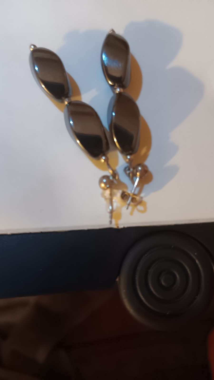 Vintage Sterling Silver Hematite Oval Black Stone Dangle Drop Earrings Pair,