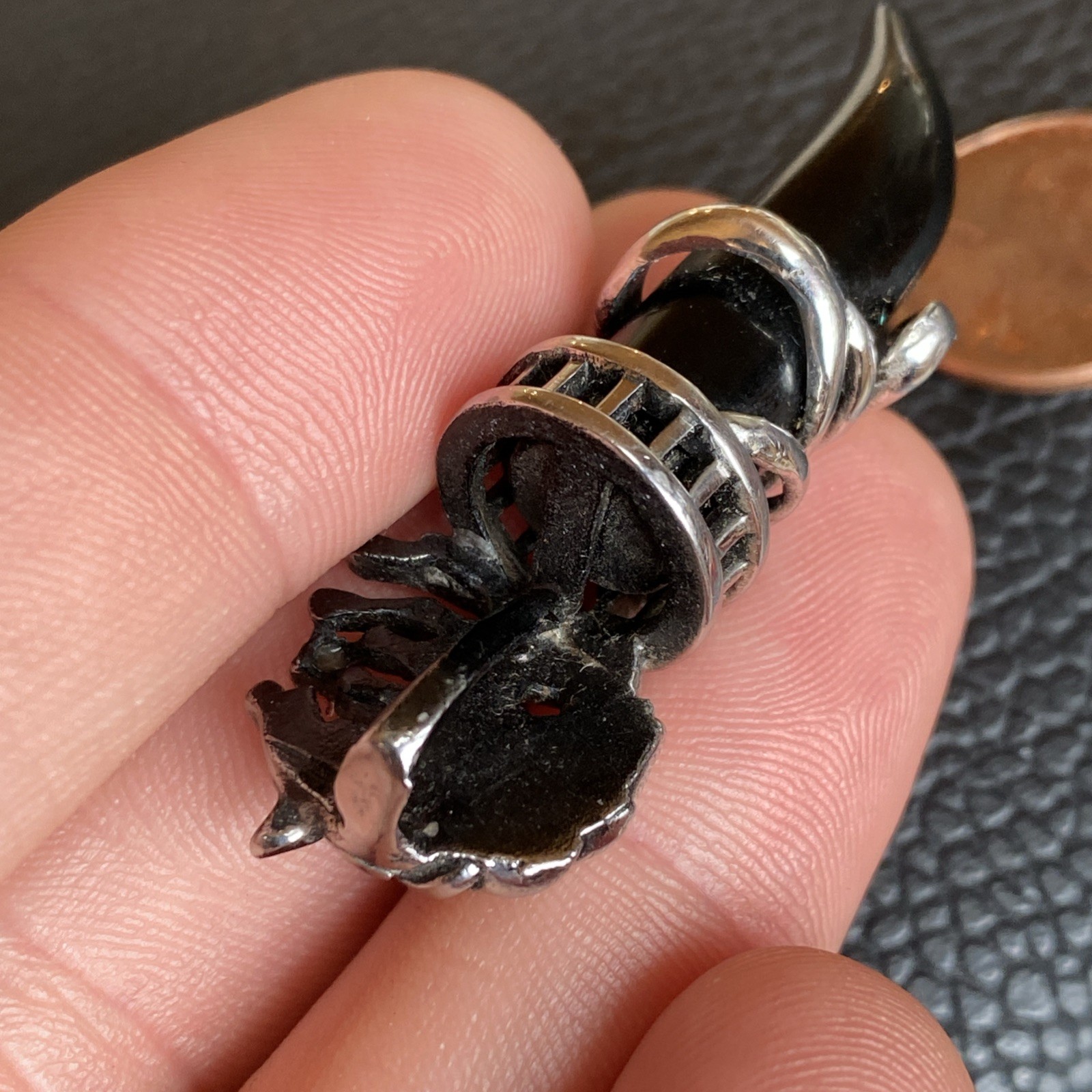 Wolf Head Tribal Pendant Shiny Silver Tone Simulated Faux Onyx Black Fang Tooth