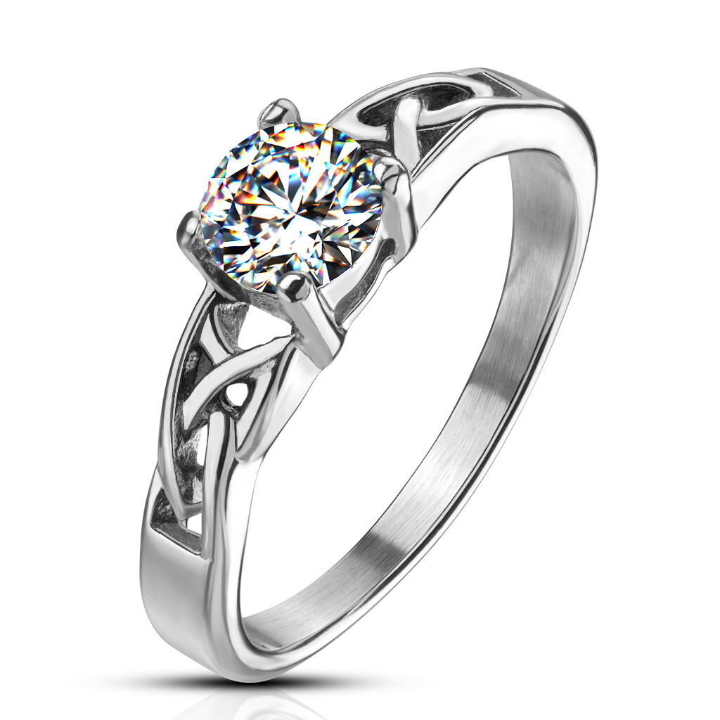 Stainless Steel Celtic Knotted Frame Engagement 6 mm Round Solitaire CZ Ring