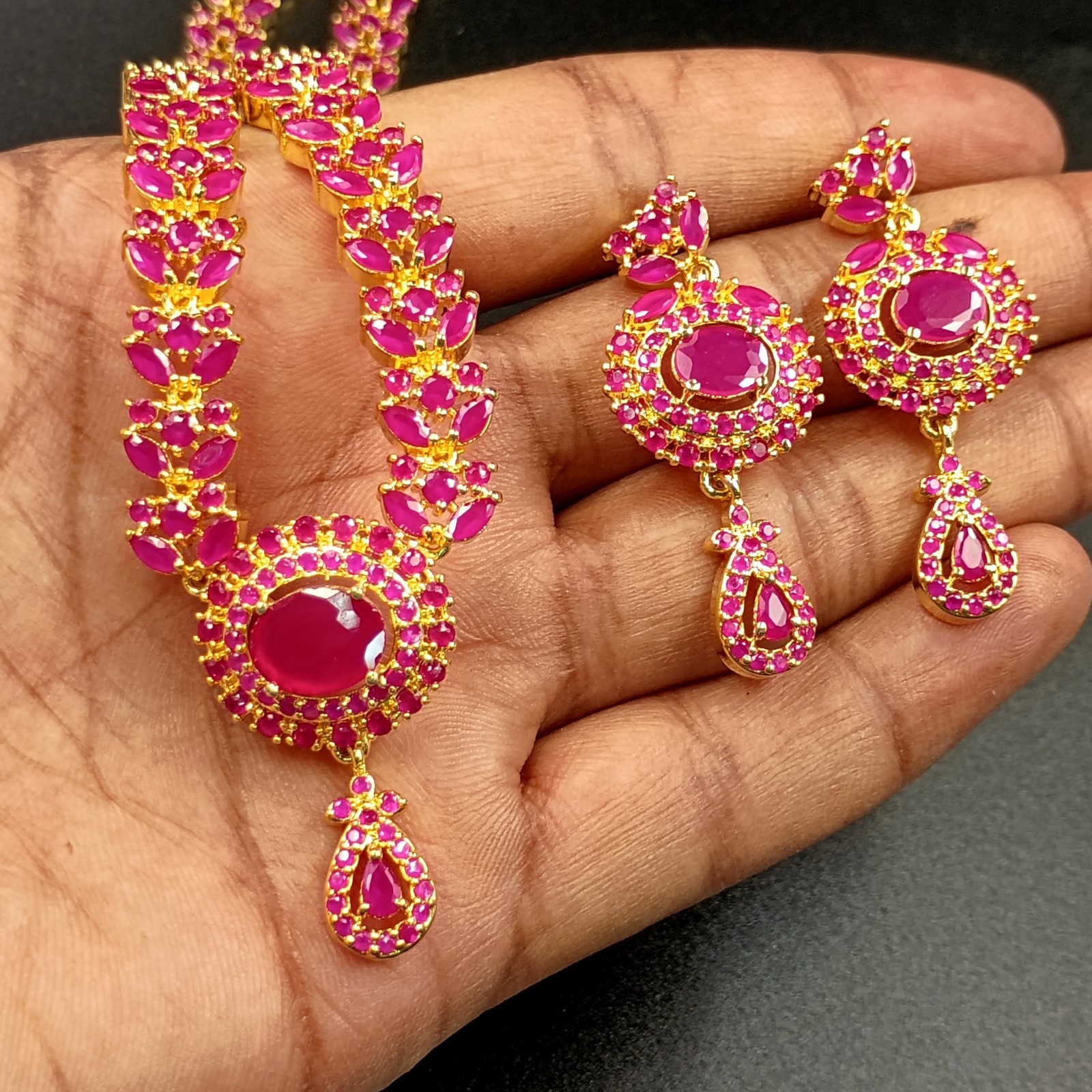 Traditional 22K Gold Plated Oval Red Ruby Necklace Set Bollywood Wedding Wear Gi