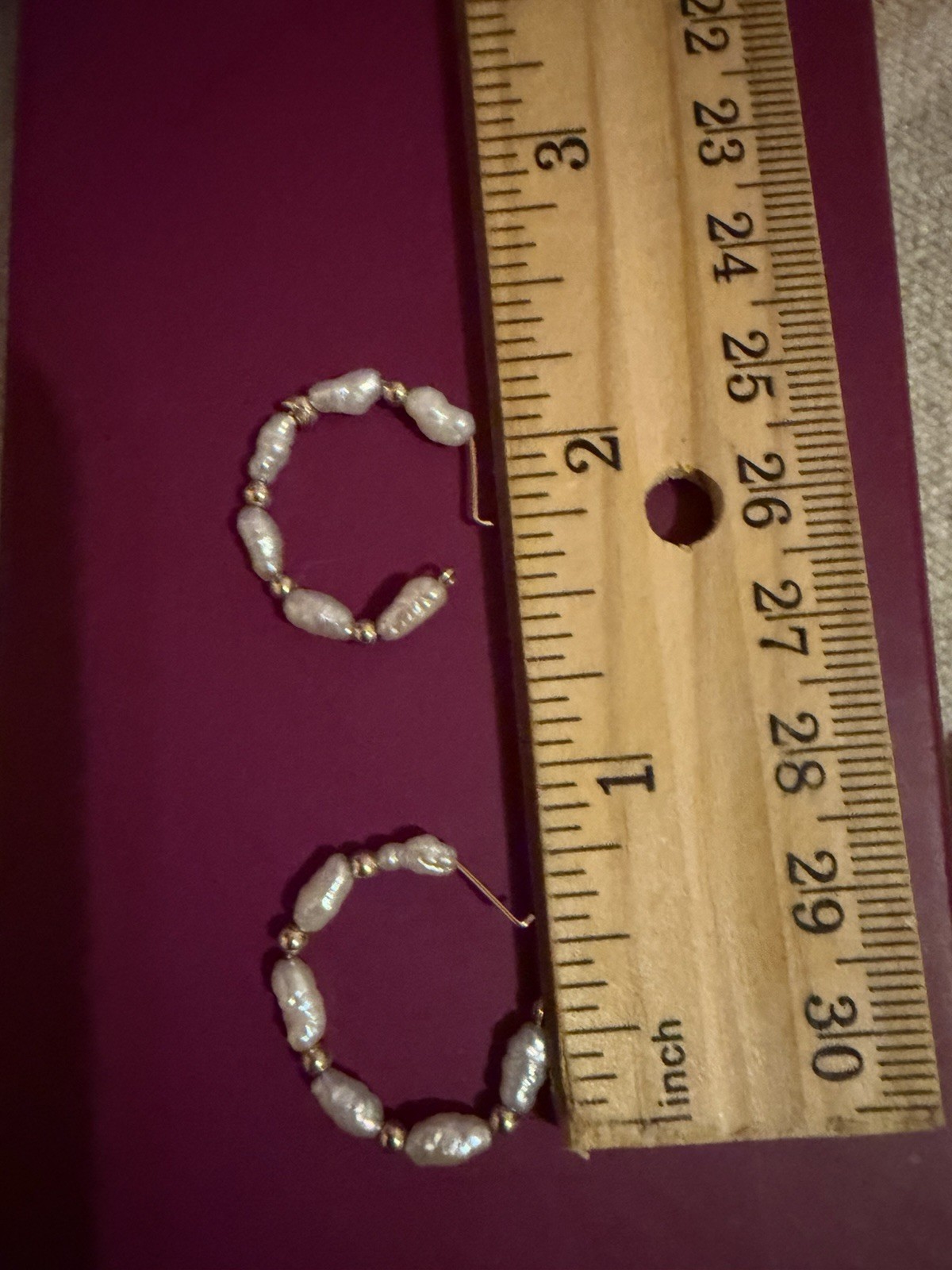 14K White Round Pearl Beaded Hoop Earrings Gold Tone Wire Closure 1.75 in