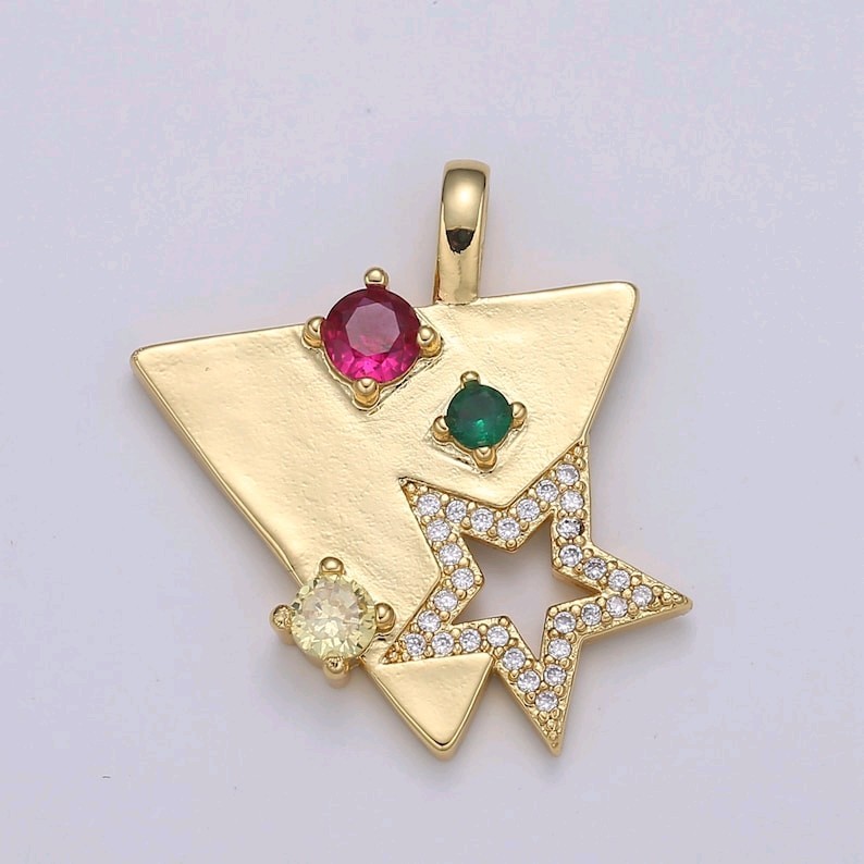 Gold Micro Pave Orion Starburst Charm Rainbow CZ Celestial Triangle Pendant