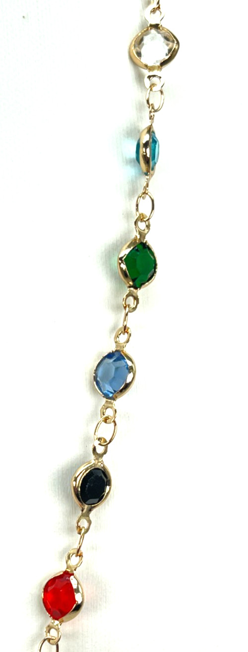 Necklace Gold Tone Blue, Red, Green, White & Black Faceted Crystals. Length 20″