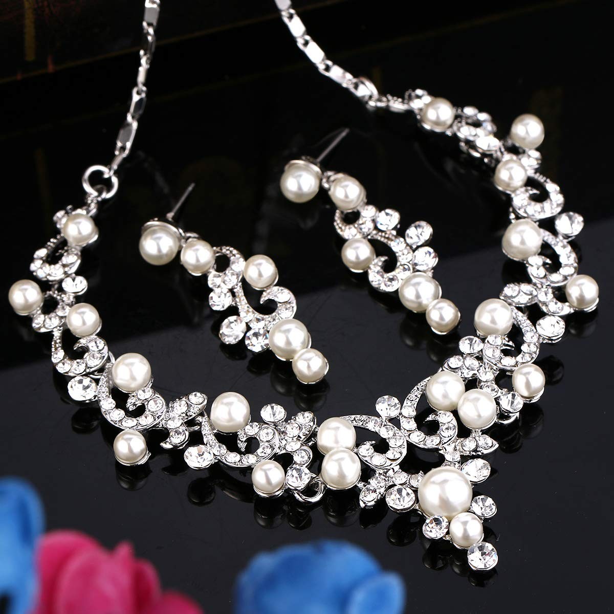 Wedding Bridal Simulated Pearl Necklace Earrings Jewelry Set for Women Filigr…