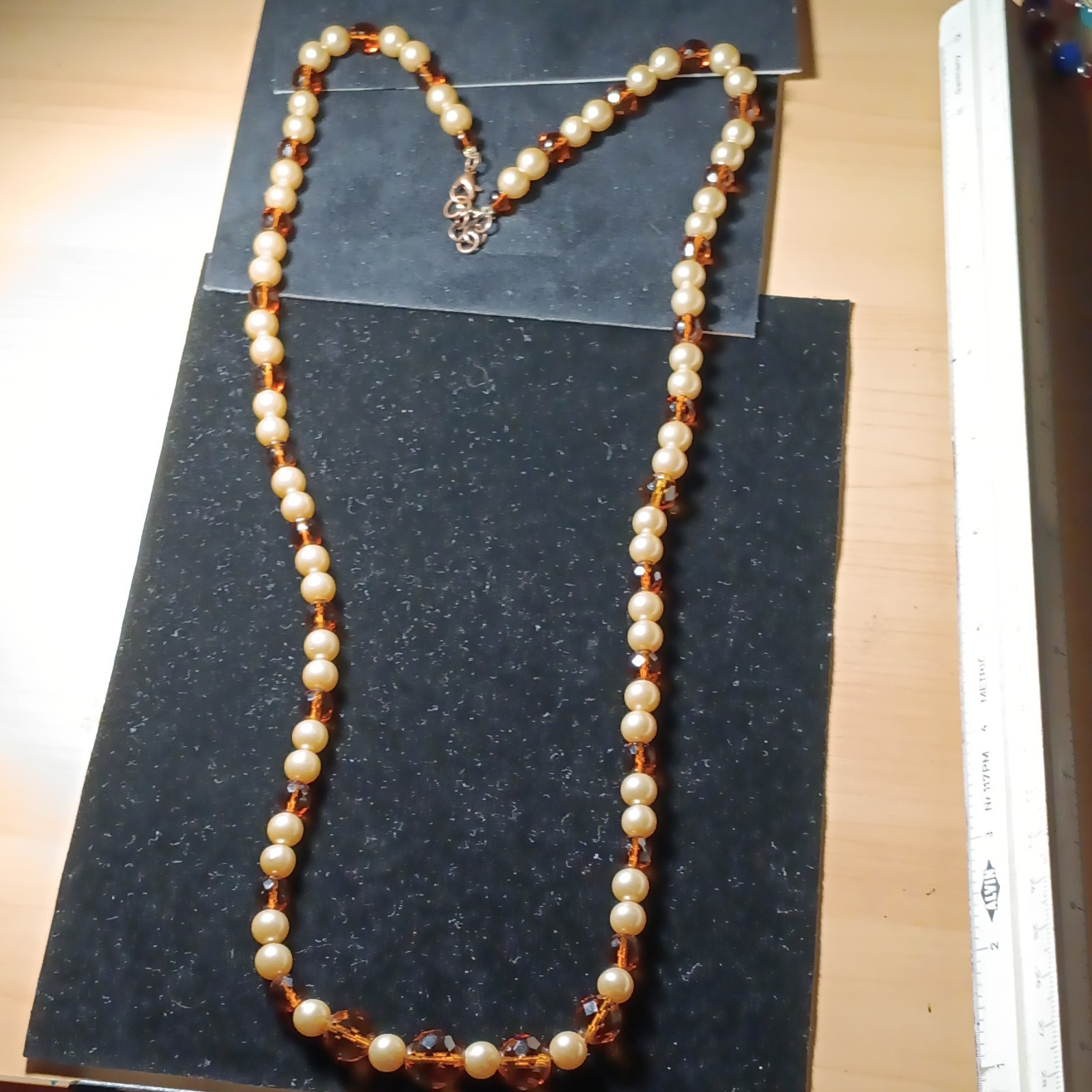 30″ Faux Pearl & Amber Glass Beaded Necklace With Lobster Clasp