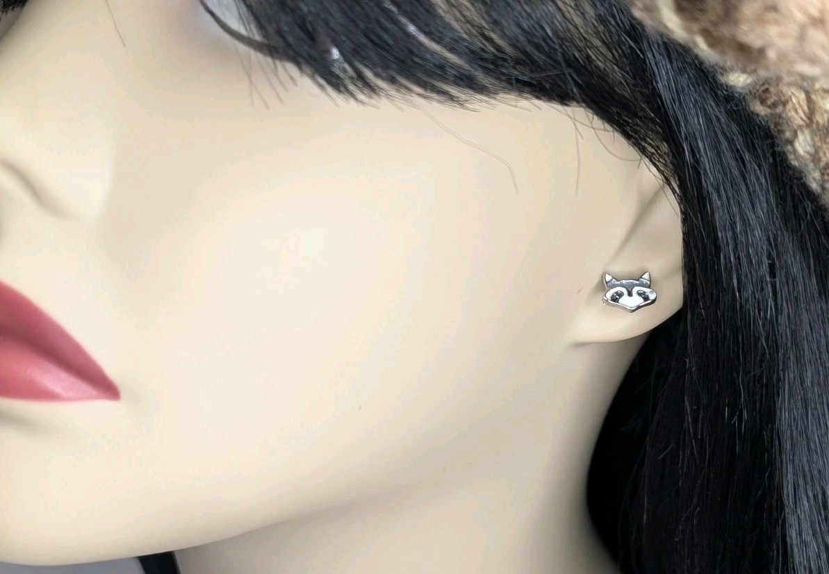 NEW Earrings White Gray Raccoon 🦝Sterling Silver Studs Painted Fashion Earrings