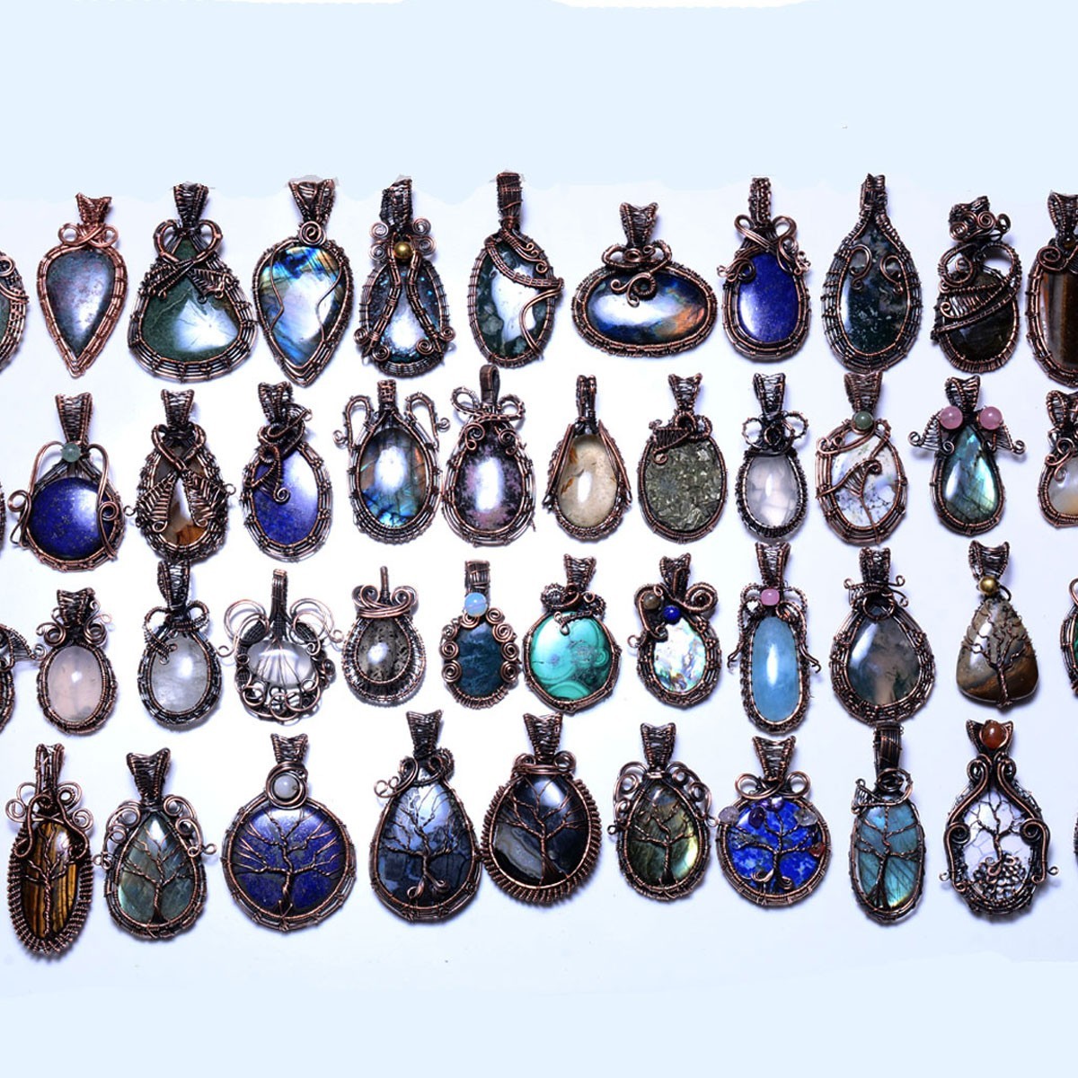 Natural Handmade Mix Gemstone Copper Wire Wrap 10 Pcs Lot Pendant Jewelry Reiki