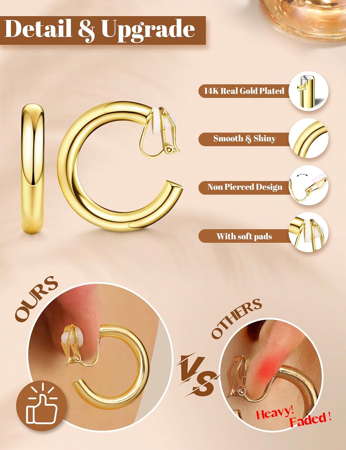 Gold Clip on Earrings for Women Hypoallergenic – 14K Gold Plated Chunky Tube Cro