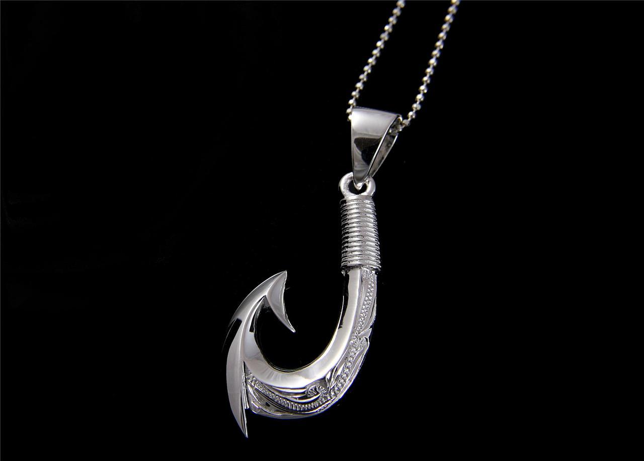 SILVER 925 HAWAIIAN 2 SIDED SCROLL ENGRAVED 3D FISH HOOK PENDANT HEAVY 15MM