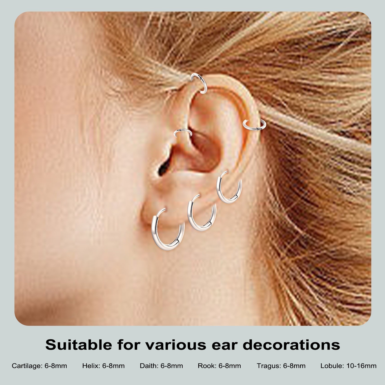 6 Pairs Silver Stainless Steel Huggie Hoop Earrings Hypoallergenic Lightweight S