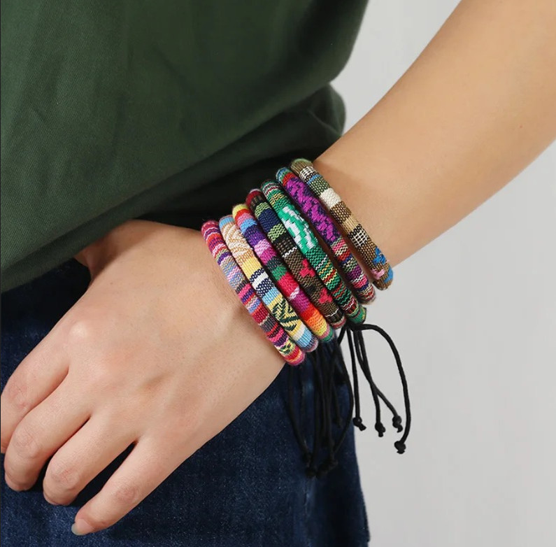 12pcs Bohemian Adjustable Unisex Bracelets Colorful Cotton Ethnic Style Set