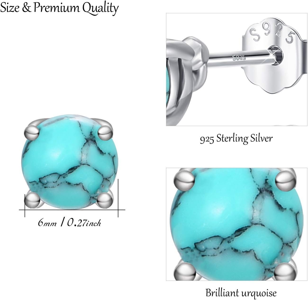 6mm Turquoise Studs 925 Sterling Silver Elegant Women’s Gift Box