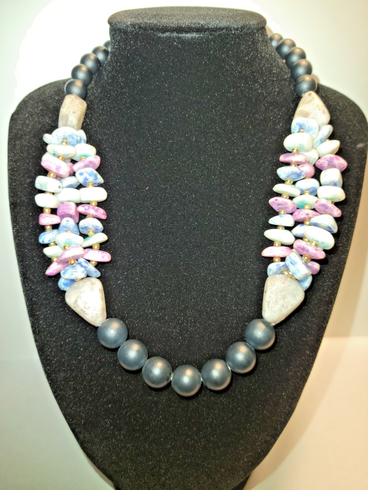 Handmade Beaded Statement Necklace with Multi-Color Stone Accents & Dark Beads