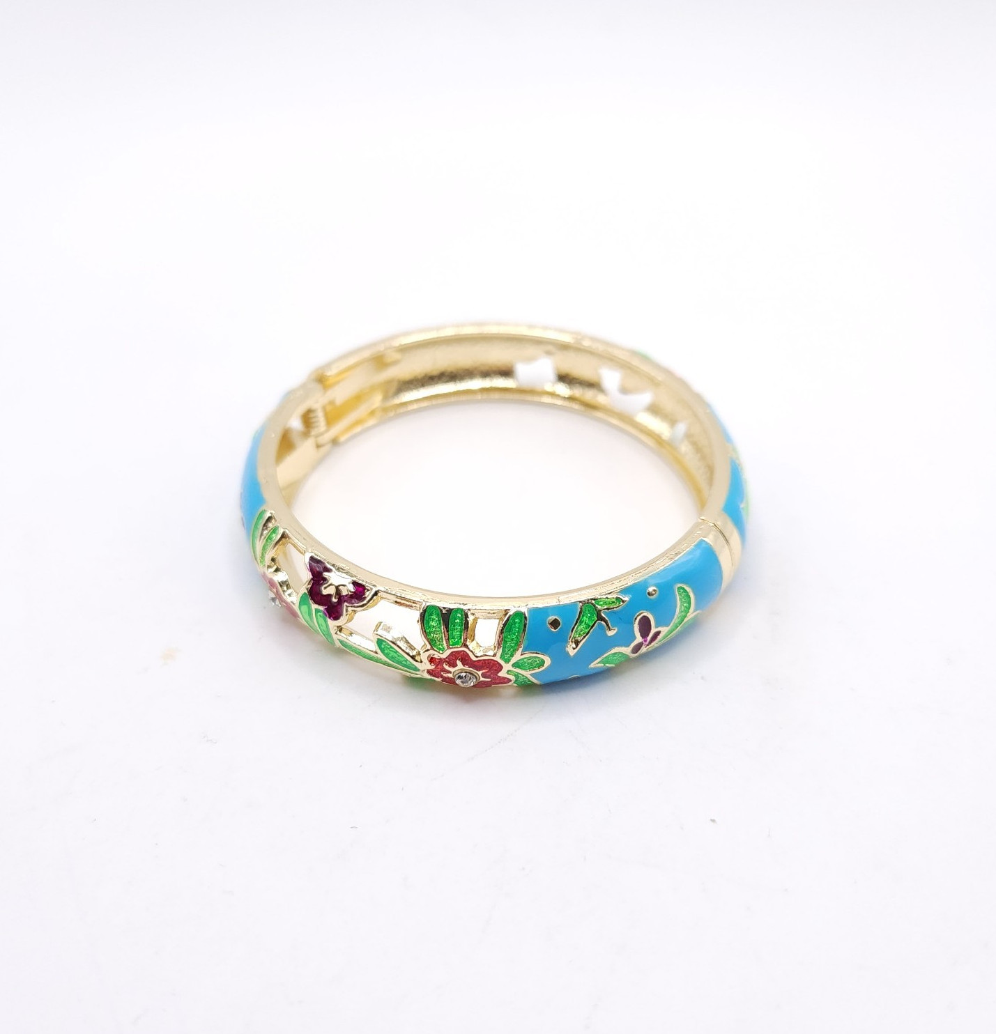 18K Gold Plated Floral Enamel Bangle Pastel Blue Red Green Rhinestone Bracelet