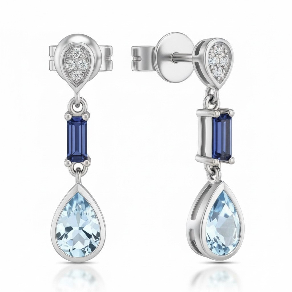 925 Sterling Silver Sky Blue Topaz Drop Earrings | Pear Cut Topaz & Baguette