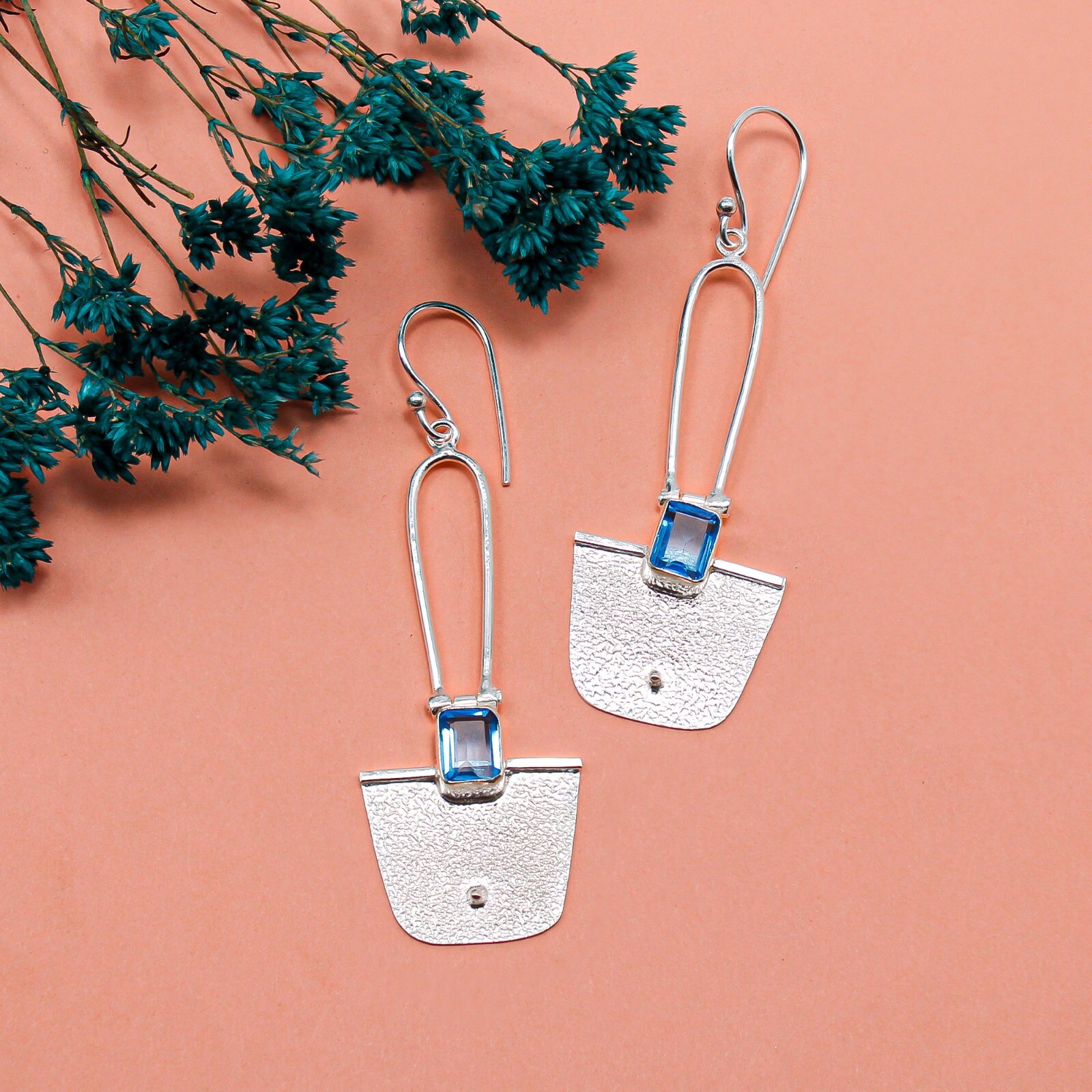 Swiss Blue Topaz Gemstone 925 Silver Jewelry Handmade Dangle Earrings 2.2″ Gift