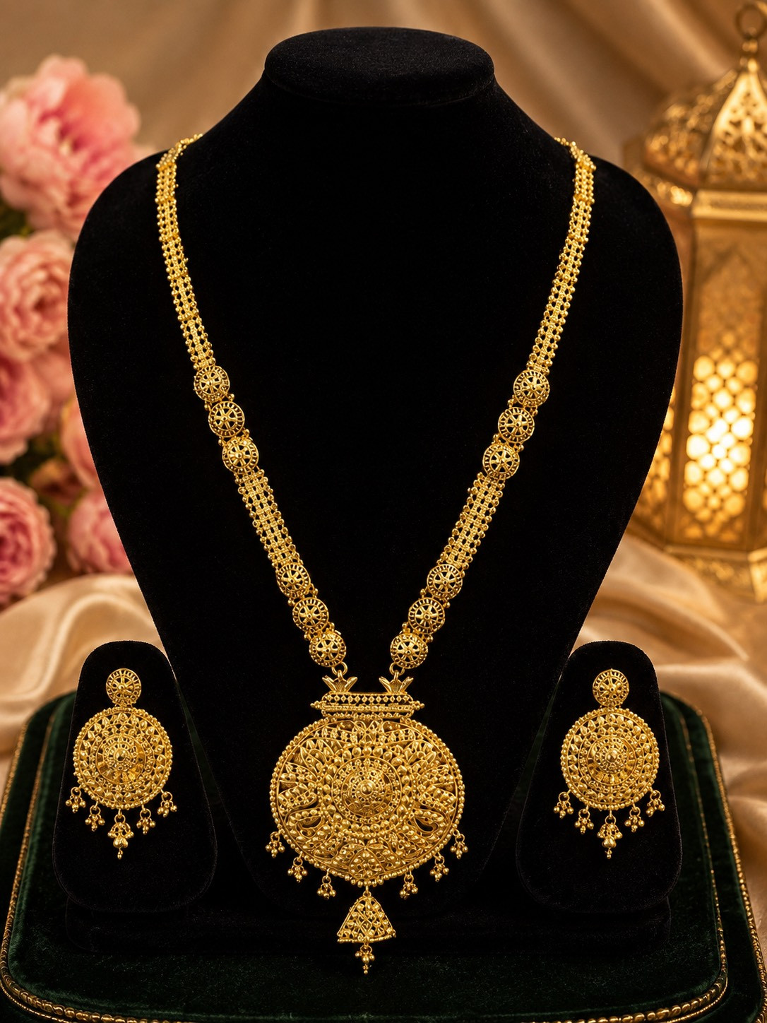 22K Dubai Gold Plated Traditional Pendant Necklace Set with Matching Earrings