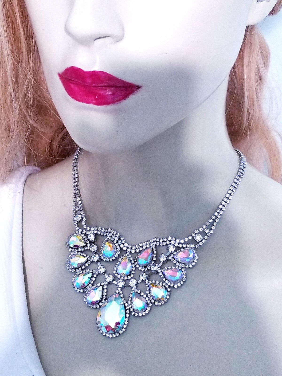 Iridescent AB Crystal Choker Rhinestone Statement Necklace Bridal Prom Pageant