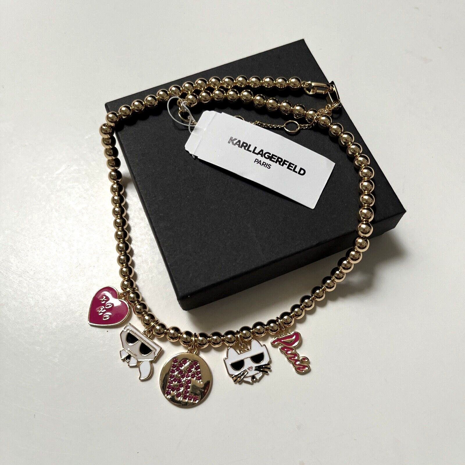 New KARL LAGERFELD Paris Charm Fashion Necklace Choupette Cat Pink Rhinestone
