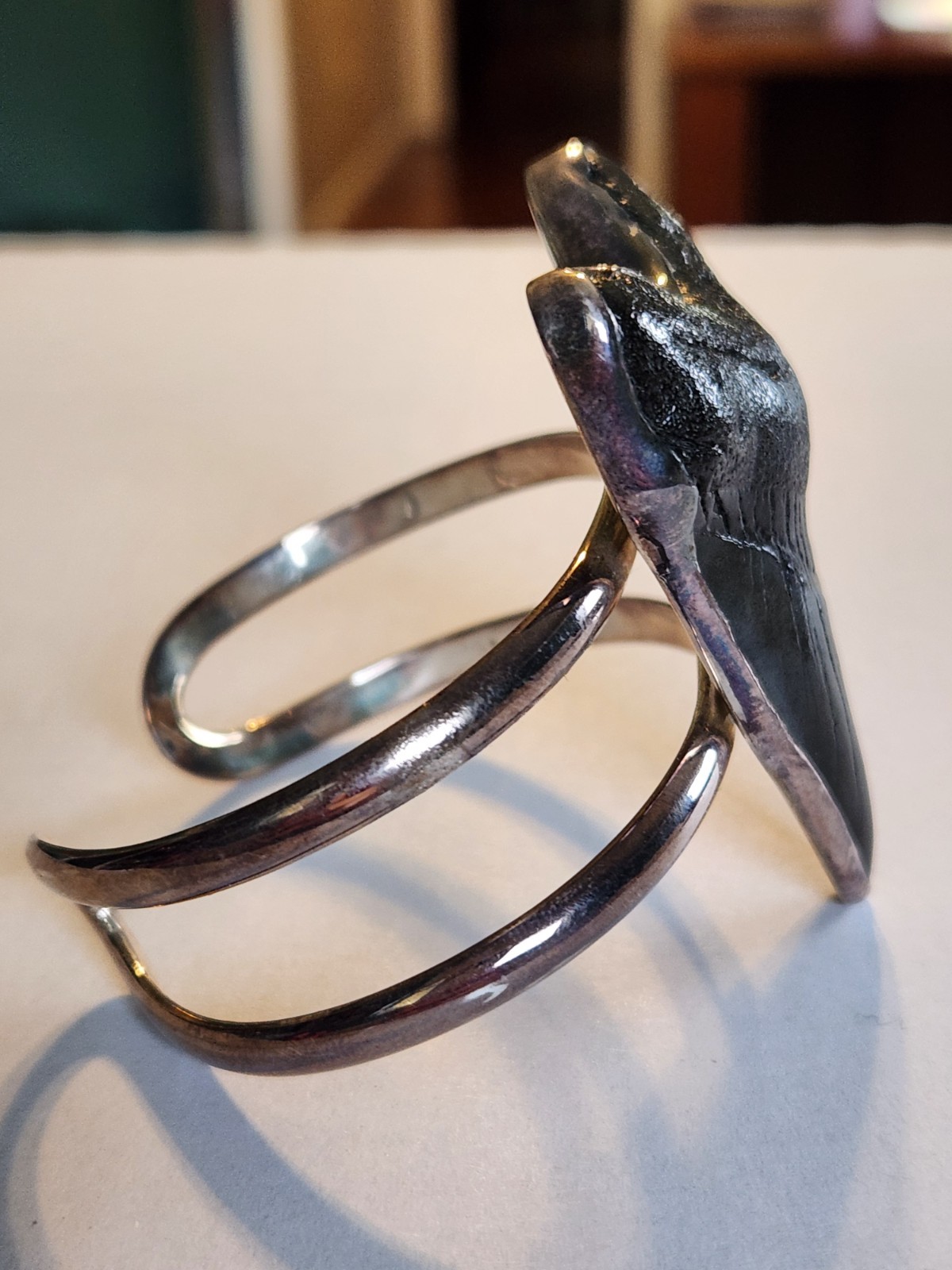 Unique Sterling Silver Megalodon Shark Tooth Cuff Bracelet by Charles Albert
